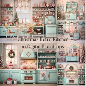 Christmas Retro Kitchen Digital Backdrops, Composite Backdrops Holiday, Photoshop overlays, Children Family Photography Digital Background