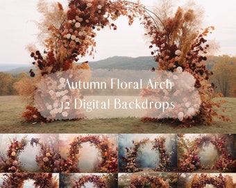 Autumn Floral Arch Digital Backdrops, Maternity Wedding Engagement Photography Digital Background, Photoshop Overlays, Outdoor Fall Season