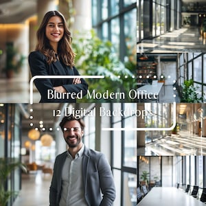 Könnte beinhalten: Eine Collage aus 12 digitalen Hintergründen mit verschwommenen Bildern eines modernen Büros mit großen Fenstern und natürlichem Licht. Die Hintergründe eignen sich ideal für die Verwendung in der Fotobearbeitung und im Grafikdesign.