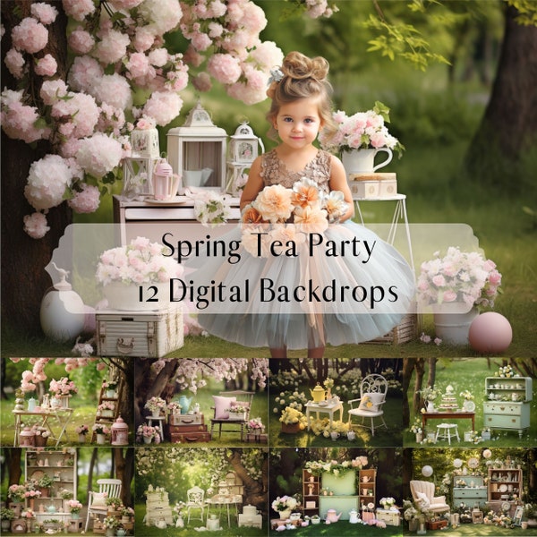 Spring Tea Party Digital Backdrops, Mini Session, Cake Smash, Children Photography Digital Background, Photoshop Overlays,Creative Composite