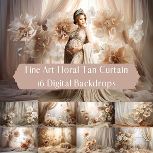 Fine Art Floral Tan Beige Curtain Digital Backdrop, Flower Romantic, Photoshop Overlays,Maternity Background, Photography Digital Background