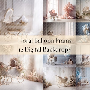 Floral Balloon Kinderwagens Digitale achtergronden, Zwangerschapsachtergrond Overlays, Studio-achtergronden, Gender Reveal, Fine Art Textures, Photoshop Overlays