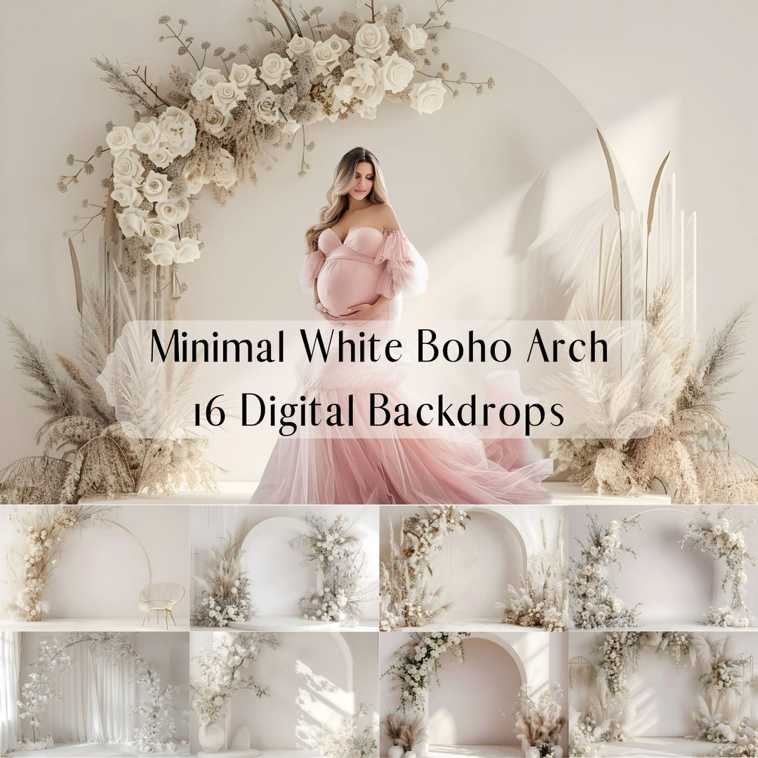 White Boho Floral Arch Digital Backdrops, Maternity Wedding Portrait ...