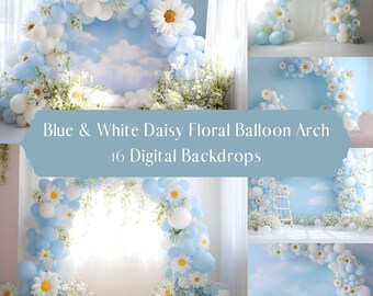 Blauwe margriet bloemen ballonboog digitale achtergronden, kinderfotografie studio achtergronden, Photoshop-overlays, cake smash, baby verjaardag