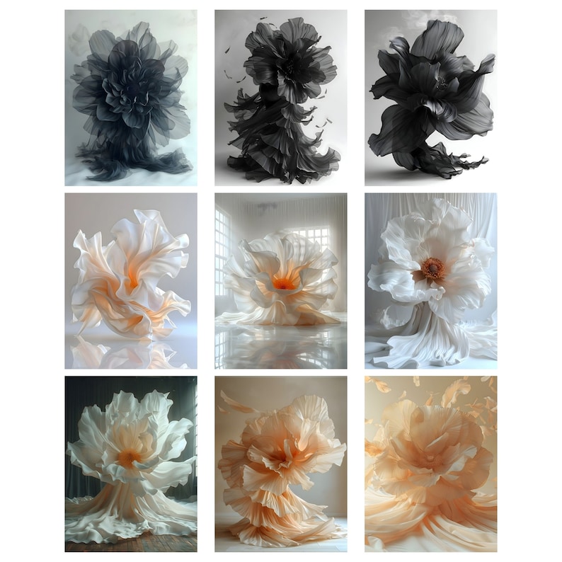 K&ouml;nnte beinhalten: Neun Bilder von gro&szlig;en, abstrakten Blumenskulpturen aus Stoff. Die Blumen sind in verschiedenen Farben, darunter Schwarz, Wei&szlig; und Pfirsich. Der Stoff ist so angeordnet, dass er ein Gef&uuml;hl von Bewegung und Flie&szlig;en erzeugt.