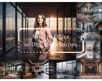 Puede incluir: Una colección de 10 fondos digitales que presentan espacios de oficinas modernas. Los fondos son ideales para usar en proyectos de edición de fotos y diseño gráfico. Los fondos presentan una variedad de entornos de oficina, que incluyen una sala de conferencias, un área de recepción y una oficina privada.