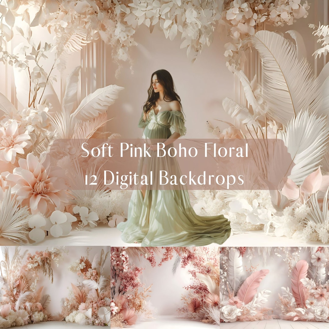 Soft Pink Boho Floral Digital Backdrops, Photoshop Overlays, Maternity ...