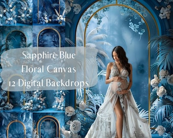 Sapphire Blue Romance Floral Arch Canvas Digital Backdrops, Maternity Portrait Photography Background, Photoshop Overlays,Creative Composite