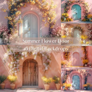 Summer Flower Door Digital Backdrops, Family Portrait Kids Composite Photography Digital Background, Photoshop Overlays, Floral Blossom
