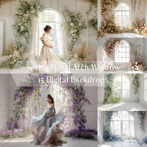 Romantic Spring Floral Arch Window Digital Backdrops, White Room Maternity Backdrops,Photoshop Overlays, Studio Photography, Backlit Overlay