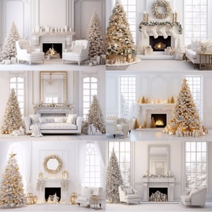 White Christmas Living Room Digital Backdrops Bundle, Composite ...