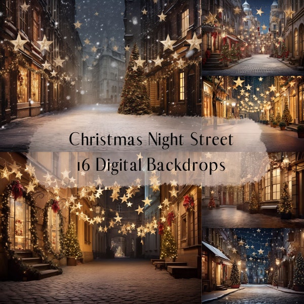 Fondos digitales de Christmas Night Street, fondos de estudio vacaciones invierno, superposiciones de Photoshop, fondo digital de fotografía para niños familiares