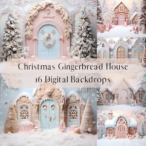 Paquete de fondos digitales de la casa de jengibre de Navidad pastel, vacaciones de fotografía compuesta, superposiciones de Photoshop, fondos digitales de Navidad