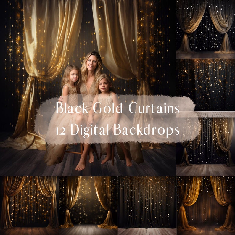 May include: Twelve digital backdrops featuring gold curtains with sparkling lights against a black background. The backdrops are ideal for photographers and digital artists.