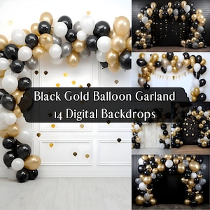Black Gold Balloon Garland Digital Backdrops, Family Kids Maternity Overlays, Birthday Prom Party Backdrop, Composite Photography Background