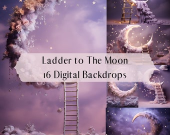 May include: A digital backdrop set featuring 16 images of a crescent moon with a ladder leading up to it. The moon is surrounded by clouds and stars, and the background is a purple sky. The text "Ladder to The Moon 16 Digital Backdrops" is displayed in the centre of the image.