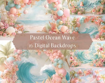 Może przedstawiać: Pastelowe niebieskie i różowe cyfrowe tła z falami oceanu z łukiem balonowym i muszelkami.  Pastel Ocean Wave 16 Cyfrowych Tła.