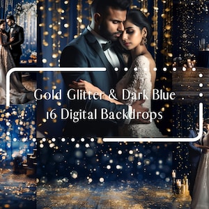 16 Gold Glitter Dark Blue Digital Backdrops, Wedding Photography Digital Background, Maternity Backdrop Overlays, Photoshop Texture Overlays