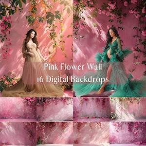 Pink Flower Wall Digital Backdrops, Maternity Wedding Portrait Floral Overlay, Studio Photography Background, Photoshop Overlays, Fine Art