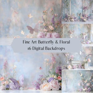 Cenário digital de borboletas e flores texturizadas de belas artes, sobreposições do Photoshop, fundo para fotografia de retrato de maternidade, composição criativa