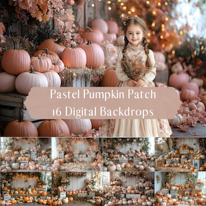 Op de afbeelding: Een digitale achtergrondset met 16 afbeeldingen van een pastelkleurige pompoenveld. De afbeeldingen zijn perfect voor fotografen en ambachtslieden die prachtige herfstthemafoto's en -projecten willen maken. Pastel Pumpkin Patch 16 Digital Backdrops
