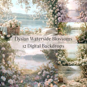 Elysian Waterside Blossoms Digital Backdrops, Landscape Background, Spring Summer Lakeside, Fine Art Portrait Photography Digital Background