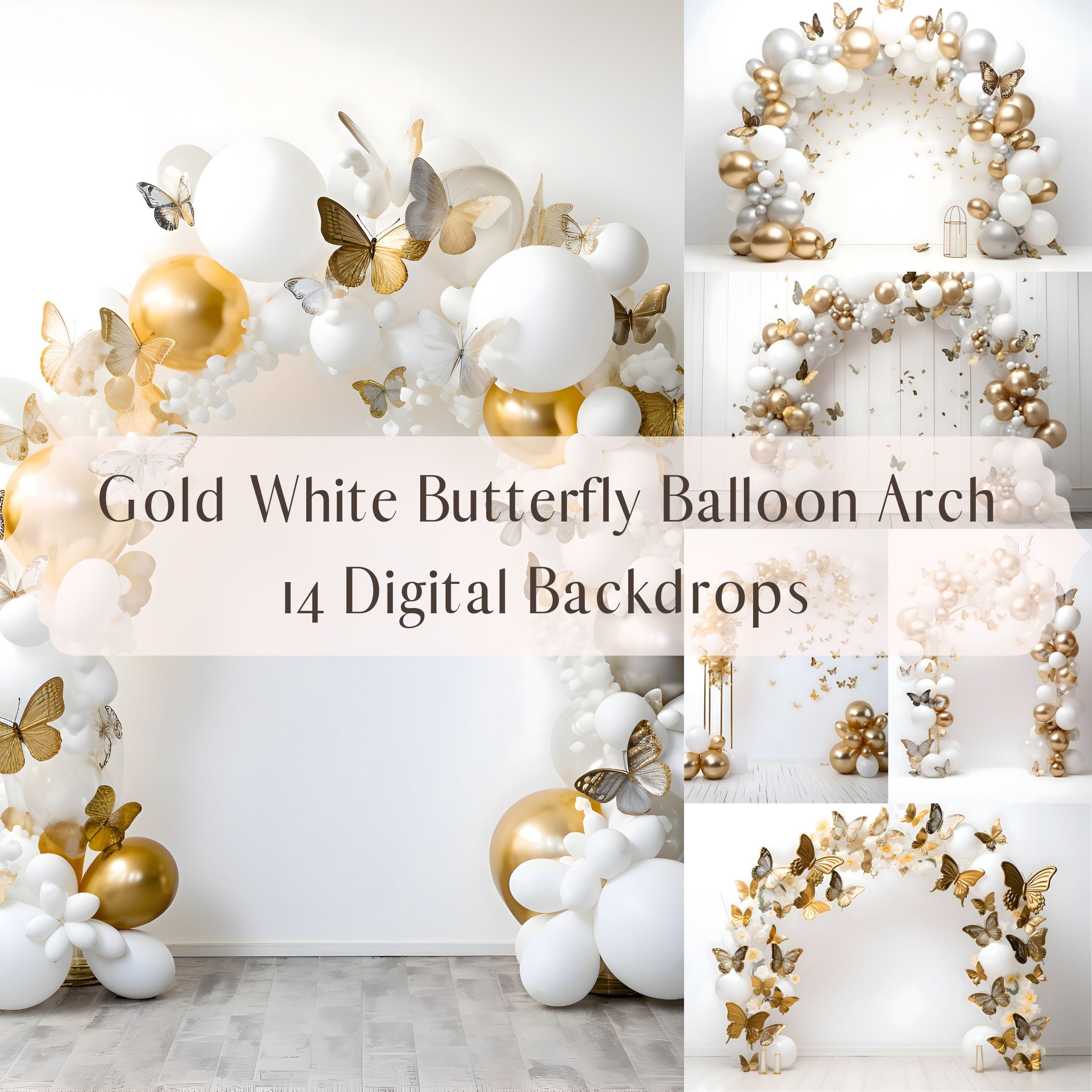Gold White Butterfly Balloon Arch Digital Backdrops, Family Kids Maternity Overlays, Birthday Prom Backdrop,Composite Photography Background