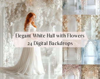Romantic White Hall Digital Backgrounds for Maternity Photo Composites, Floral Room Bundle, Photoshop Overlays, Maternity Overlays Backdrop