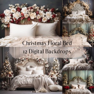 May include: A digital backdrop featuring a white bed with a floral headboard and a Christmas theme. The bed is decorated with white bedding, pillows, and a throw blanket. The headboard is adorned with white and red flowers, greenery, and red berries. The background is a gray wall with a white trim. The text "Christmas Floral Bed 12 Digital Backdrops" is displayed on the image.