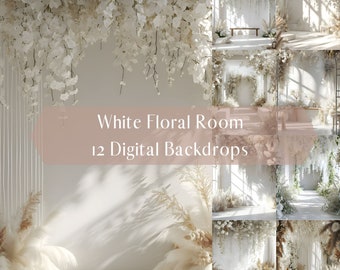 Fondos digitales de la habitación floral blanca, superposiciones digitales de retratos de bodas de maternidad, fondo digital de fotografía de estudio, superposiciones de Photoshop