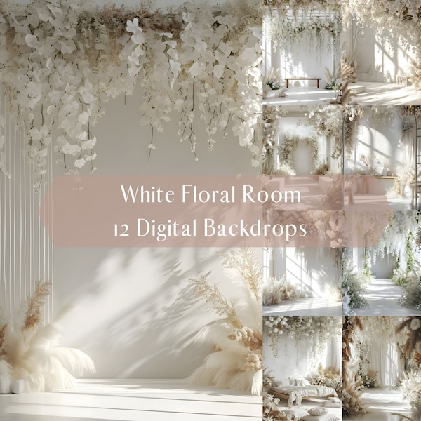 White Floral Room Digital Backdrops, Maternity Wedding Portrait Digital Overlays, Studio Photography Digital Background, Photoshop Overlays