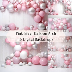Pink Silver Balloon Garland Digital Backdrops, Family Kids Maternity Overlays, Birthday Prom Party Backdrop, Composite Smash Cake Background