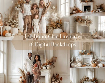 May include: A digital backdrop set featuring a white fireplace with fall decor, including pumpkins, dried flowers, and pampas grass. The set includes 16 different backdrops, perfect for creating a cozy and festive atmosphere for your photos.