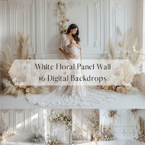 White Floral Panel Wall Digital Backdrops, Maternity Wedding Portrait Backgrounds, Studio Photography Digital Background, Photoshop Overlays