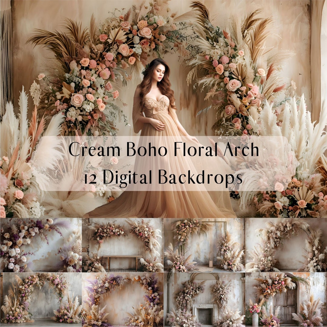 Cream Boho Blooms Digital Backdrops of Rustic Rooms Adorned With Floral ...