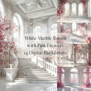 Fondali digitali in camera di marmo bianco con fiori rosa, sovrapposizioni di ritratti di matrimonio di maternità, sfondo digitale di fotografia in studio, sovrapposizioni di Photoshop
