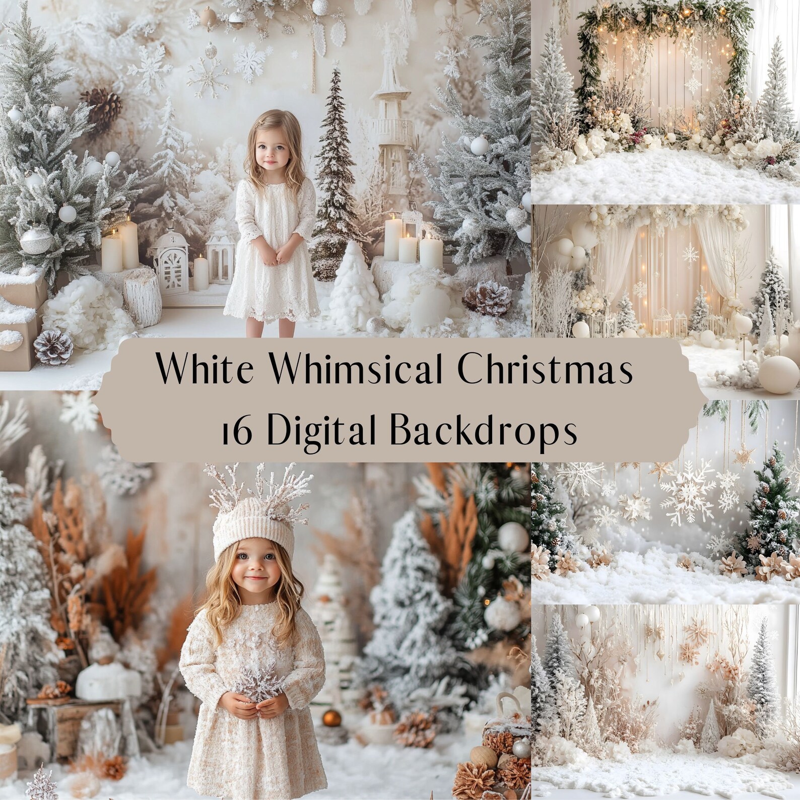White Whimsical Christmas Digital Backdrops, Studio Backdrops Holiday ...