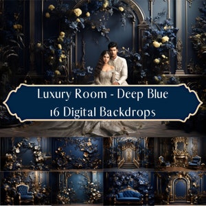 Luxury Deep Blue Baroque Room Digital Backdrops, Maternity Family Wedding Backdrop, Photoshop Overlays, Studio Portrait Photography Backdrop