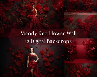 Moody Red Flower Wall Digital Backdrops,Gothic Romantic,Photoshop Overlays,Maternity Portrait Backdrop,Studio Photography Digital Background