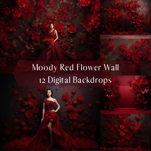 Moody Red Flower Wall Digital Backdrops,Gothic Romantic,Photoshop Overlays,Maternity Portrait Backdrop,Studio Photography Digital Background
