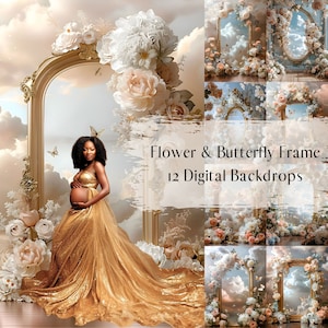 Flower and Butterfly Frame Digital Backdrops, Maternity Wedding Portrait Overlays, Studio Photography Digital Background, Photoshop Overlays