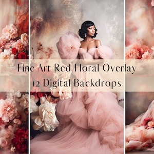 12 Red Floral Fine Art Digital Backdrops, Photoshop Texture Overlays, Maternity Backdrop Overlays, Studio Photography Digital Background