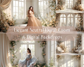 Eleganckie neutralne kwiatowe tła cyfrowe do pokoju, romantyczna fotografia ciążowa i portretowa, biały pokój, nakładki Photoshopa, ciepłe światło słoneczne