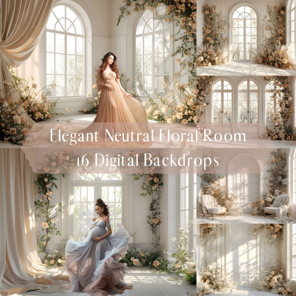 Elegant Neutral Floral Room Digital Backdrops, Romantic Maternity and Portrait Photography, White Room, Photoshop Overlays, Warm Sunlight