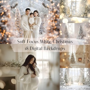 May include: A selection of digital backdrops with a soft focus white Christmas theme. The image shows a family in white sweaters, Christmas trees, and winter scenes. Text on the image reads "Soft Focus White Christmas 18 Digital Backdrops."