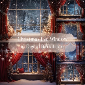 Christmas Eve Window Digital Backdrops, Studio Backdrops Holiday Winter, Photoshop overlays, Family Kids Photography Digital Background