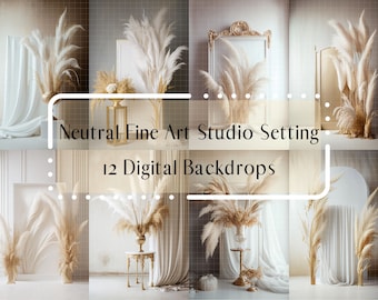 12 toiles de fond numériques neutres Fine Art Studio, superpositions de Photoshop, superpositions de toile de fond de maternité, fond numérique de photographie, herbe de pampa