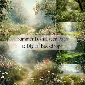May include: A set of 12 digital backdrops featuring a lush green path through a summer forest with wildflowers and trees. The path is winding and leads to a clearing in the distance. The backdrops are perfect for creating a magical and whimsical atmosphere in your photos.