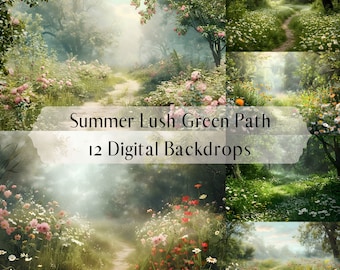 Summer Green Lush Path Digital Backdrops, Forest wildflowers landscape, Fine Art Portrait Photography Digital Background, photoshop overlays