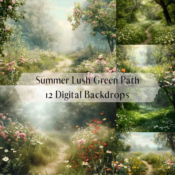 Summer Green Lush Path Digital Backdrops, Forest wildflowers landscape, Fine Art Portrait Photography Digital Background, photoshop overlays